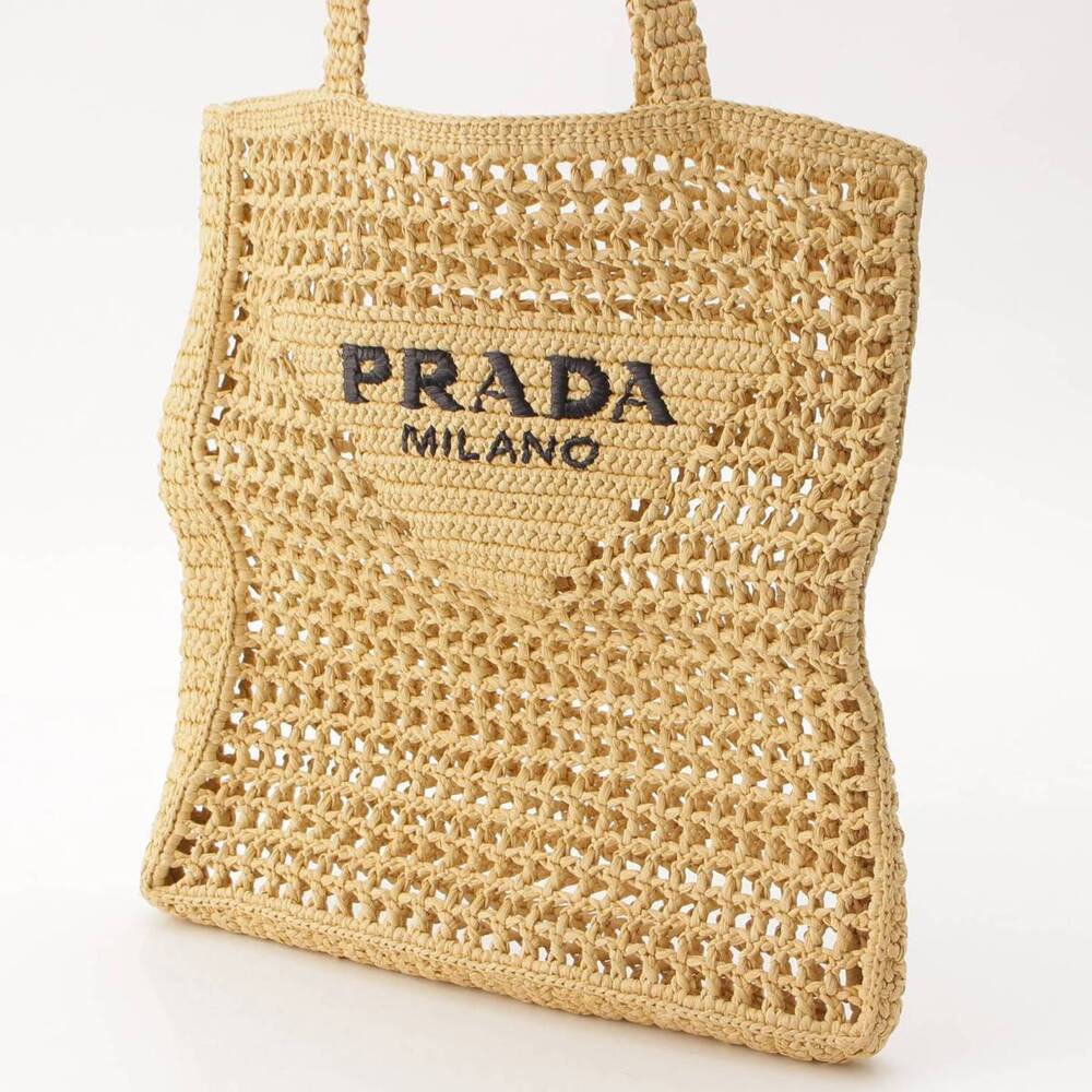 Prada Crochet Raffia Bag Beige Logo Tote Triangle - Picture 1 of 6